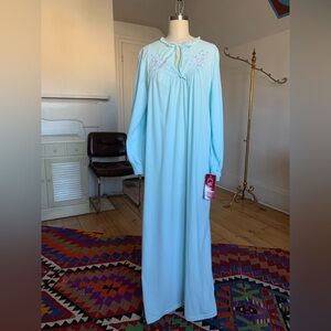 VTG NOS Komar Nightgown | Light Blue Embroidered Floral Soft Knit Maxidress 70s